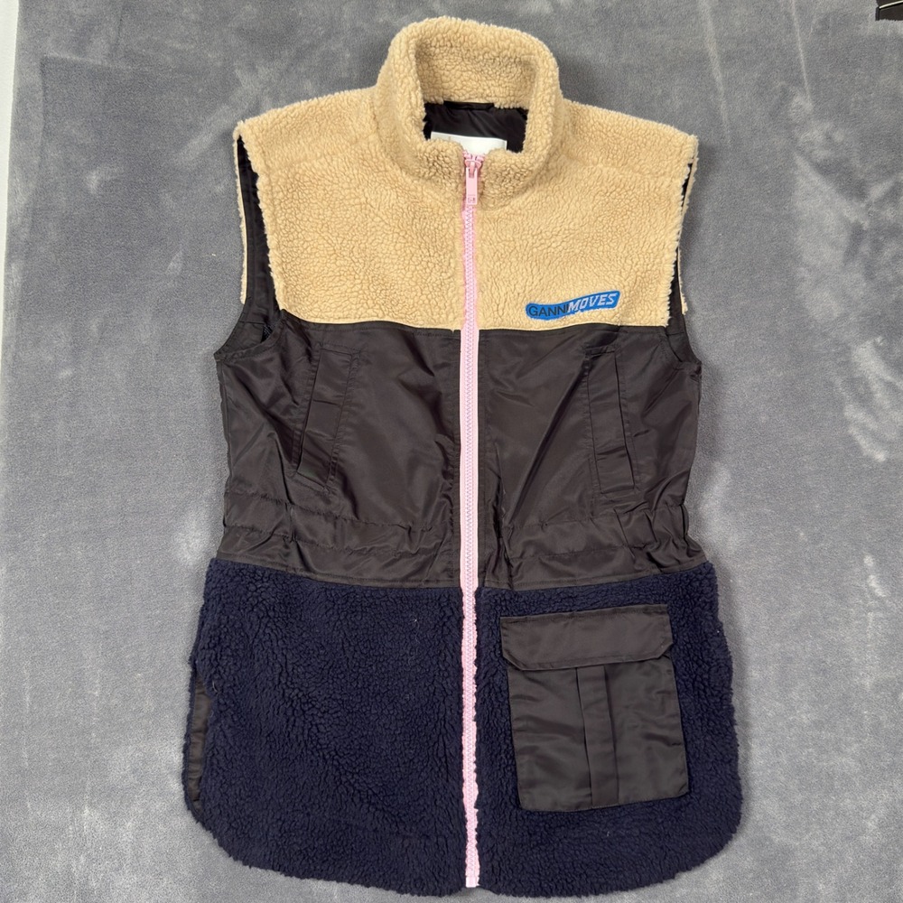 Ganni Moves Vest Sherpa Fleece Nylon Colorblock Tan Black Navy Pink Size 32